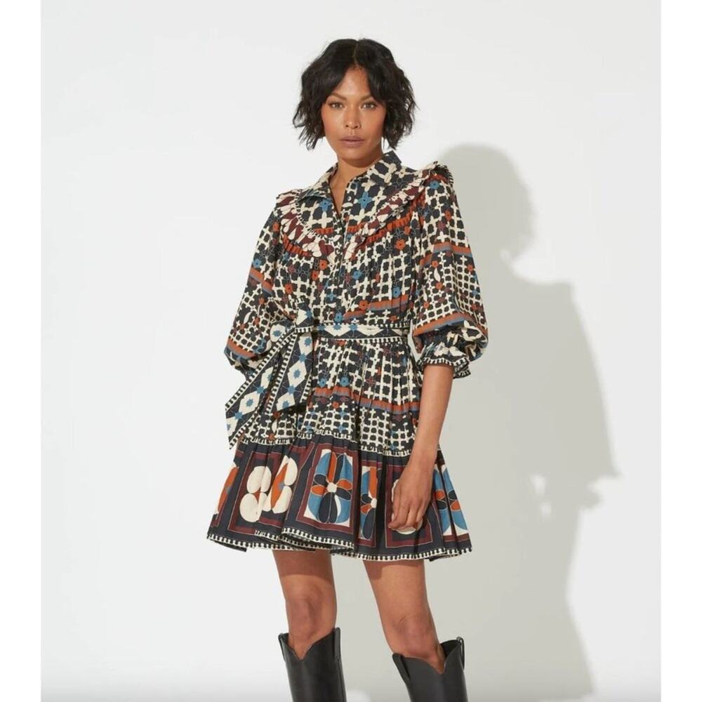 Cleobella Lotte Deco Print Long-Sleeve Tiered Mini Dress Size M